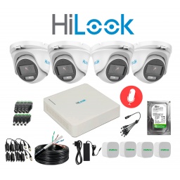 KIT HILOOK DVR 4CH + 4 CAMARAS 2MP COLORVU TURRET C/MIC + DISCO