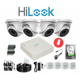 KIT HILOOK DVR 4CH + 4 CAMARAS 2MP TURRET METAL C/MIC + DISCO