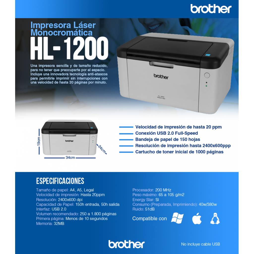 IMPRESORA LASER BROTHER HL-1200 USB + TONER DE REGALO Impresión Láser Simple