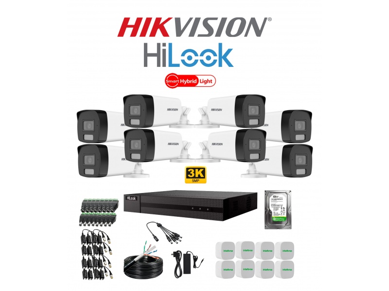 KIT HIKVISION DVR 8CH + 8 CAMARAS 5MP BULLET HYBRID LIGHT + DISCO + ACCESORIOS